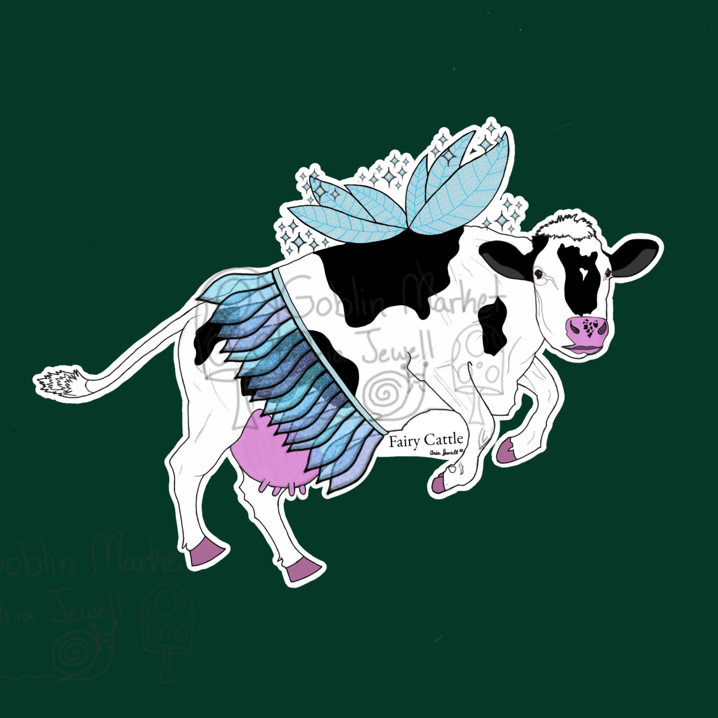 Fairy Cattle Waterproof Sticker, Hand-Drawn Digital Art