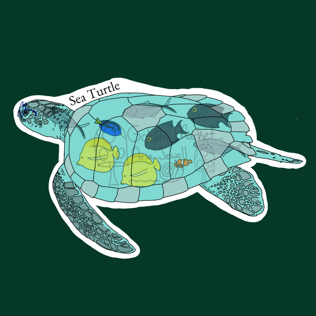 Sea Turtle Waterproof Sticker, Hand-Drawn Digital Art