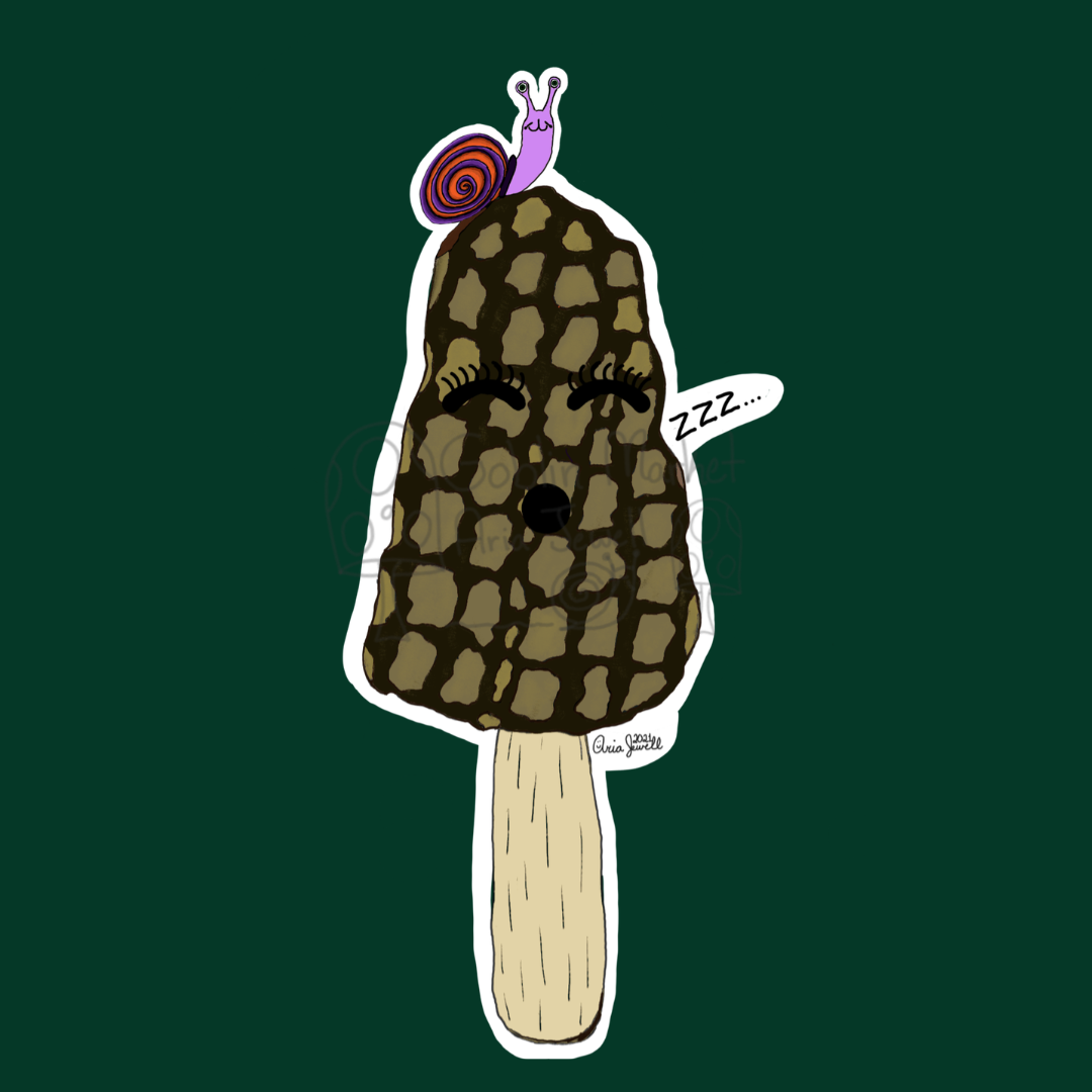 Cartoon Snail on a Sleepy Morel Waterproof Sticker, Hand-Drawn Digital Art